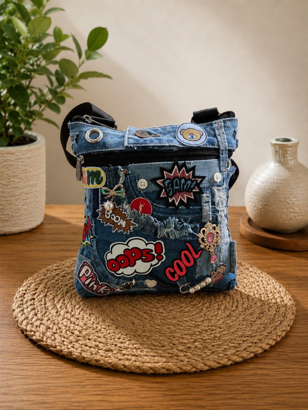 Denim Patch Crossbody with Colorful Comic Patches